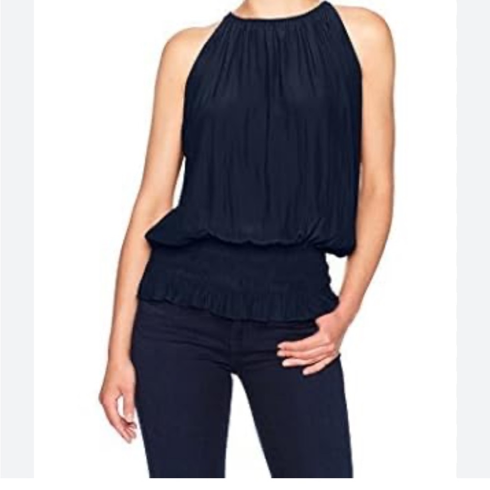 Catherine Malandrino Blue and Orange Ruched Sleeveless Blouse
